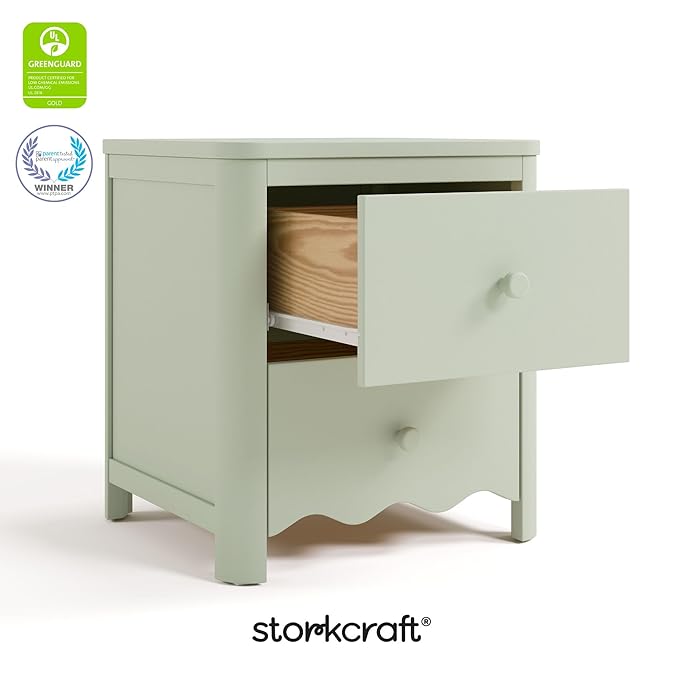 Storkcraft Casablanca 2 Drawer Nightstand (Sage) - GREENGUARD Gold Certified, Storage for Kids Bedroom, Premium Wood Nightstand with Elegant, Iconic Wave Detailing and Rounded Posts