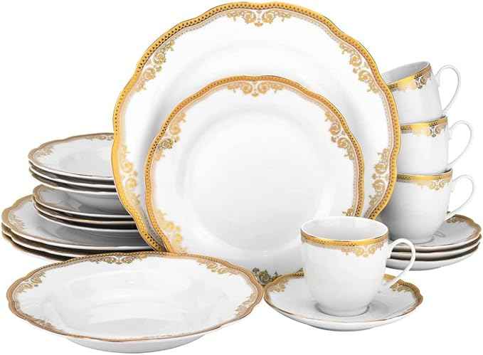 Euro Porcelain 20-pc Luxury Dinnerware Set with Scalloped Edges 24K Gold Ornament, HQ Dining Tableware Service for 4