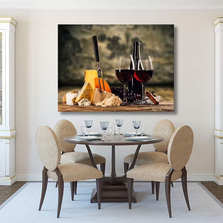 Looife Kitchen Still Life Canvas Wall Art, 24x16 Inch Gallery Wrapped Red Wine with Cheese Picture Prints Wall Decor, Food Art Deco for Dining Room and Bar Decoration