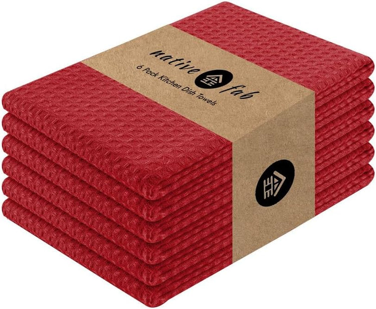 Native Fab Cotton Kitchen Towel with Hanging Loop 16x26 inches, 6-Pack, Waffle Weave Kitchen Towels for Cleaning Drying, Washcloths Soft & Absorbent Cloth Rags, Bar Towel, Dish Cloth, Red - Nestoria