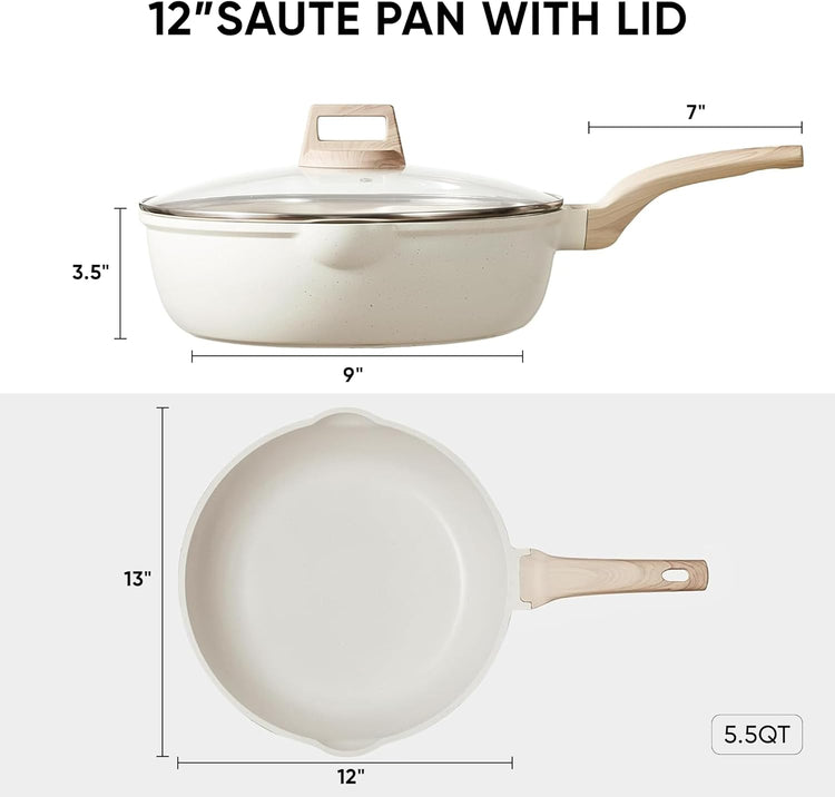 CAROTE 12Inch Nonstick Deep Frying Pan with Lid, 5.5 Qt Jumbo Cooker Saute Pan with Pour Spout, Skillet Induction Cookware, Non Stick Cooking Pan Kitchen Pan PFOA Free, White Granite