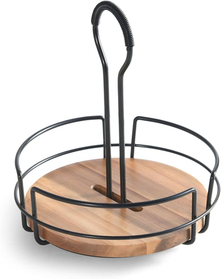 Mikasa Gourmet Basics Hanover Condiment Caddy with Rotating Caddy Organizer Design, Acacia Wood Insert - Durable, BPA-Free, Heavy-Gauge Carbon Structured Steel for Condiment Storage