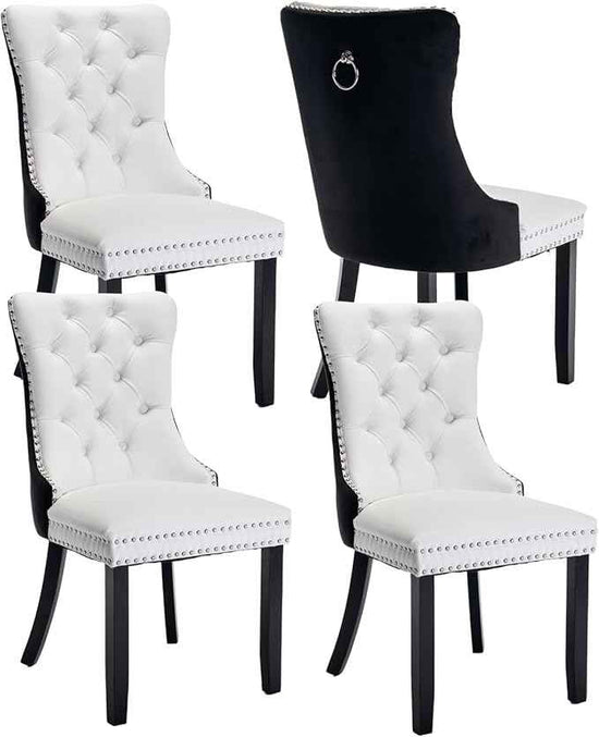 Dining Room Chairs Set of 4, Upholstered Dining Chairs with Back Ring Pull Trim and Solid Wood Legs, Modern Tufted Kitchen Chairs for Dining Room, White Pu Leather Splicing Black Velvet
