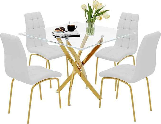 5 Piece Square Glass Dining Table Set, Round Tempered Glass Kitchen Table for 4, Modern Table with 4 High-Back Upholstered Chairs for Kitchen Dining Room (Gold Legs, 4 White Chairs)