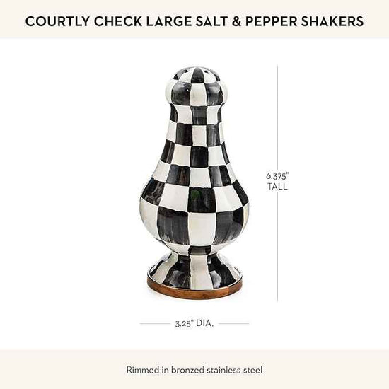 MACKENZIE-CHILDS Enamel Salt and Pepper Shakers, Kitchen Table Spice Shaker Set, Black-and-White Courtly Check, Large