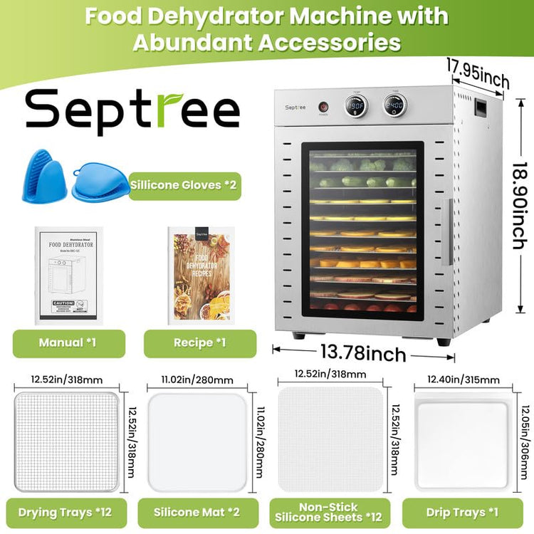 Food Dehydrators Machine with 12 Stainless Steel Trays with Timer Setting Temperature Adjusted 68 ℉ to 194 ℉ Dryer for Herb Fruit Meat Vegetables Mushroom Beef jerky for Commercial Household large (12 Count)