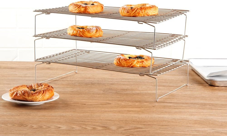 Restaurantware Met Lux 15.7 x 9.8 x 8.3 Inch Wire Baking Rack Set 1 Dishwashable Oven Wire Rack Set - 3-Tier Design Oven-Ready Up To 575F Stainless Steel Cooling Rack Set With Collapsible Feet