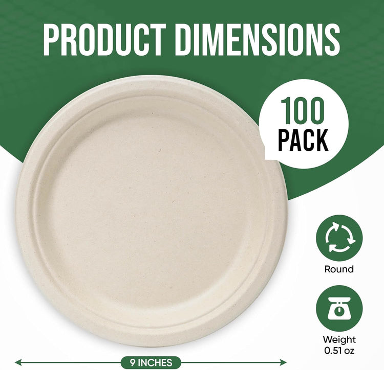 9 Inch Compostable Paper Plates (100 Pack) - Eco-Friendly Disposable Dinnerware for Parties, Microwavable & Water/Oil Resistant - 100% Biodegradable Heavy Duty Brown Plates for Events, Picnics