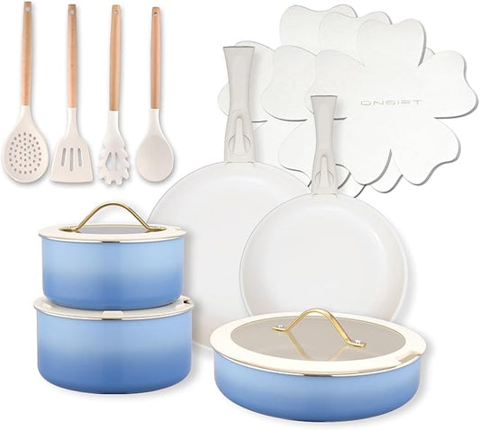 ONGIFT 20pcs Ceramic Cookware Set Nonstick, Detachable Handle Pots and Pans Set, Non Toxic,No PFAS & PTFE & PFOA, Dishwasher/Oven Safe, RV Kitchen Set Removable Handle for Cooking, Blue