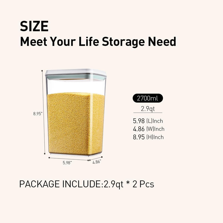 Food Storage Containers with Lids,2.9Qt 2Pcs Airtight Pop Food Storage Containers, BPA-Free Stackable Kitchen Pantry Organizers and Storage, One Button Opening Flour and Sugar Container Sets
