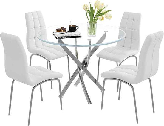 5 Piece Round Glass Dining Table Set, Round Tempered Glass Kitchen Table Set for 4, Modern Table Set with 4 High-Back Upholstered Chairs for Kitchen Dining Room (Silver Legs, 4 White Chairs)