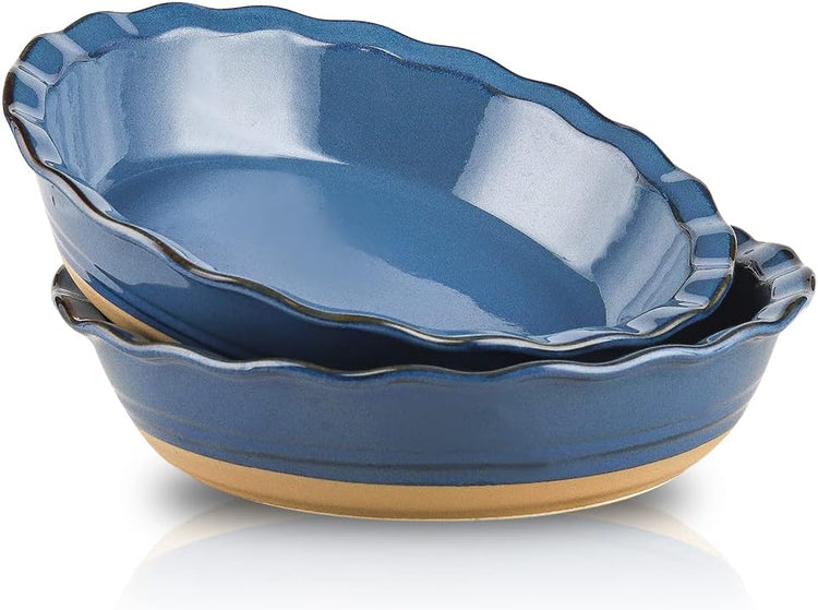HVH 10 inch Pie Pan for Baking, Ceramic Pie Dish, Deep Dish Pie Plate for Dessert Kitchen, Deep Dish Pie Pan with Fluted Edge, Set of 2, Farmhouse Style (Blue)