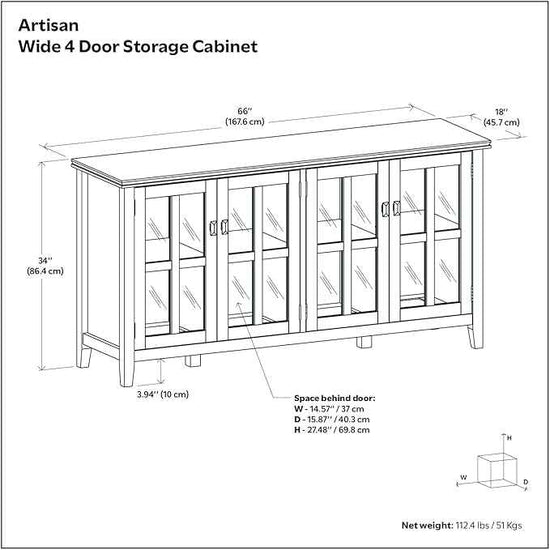 SIMPLIHOME Artisan SOLID WOOD 66 Inch Wide Contemporary Wide 4 Door Storage Cabinet in Black, For the Living Room, Entryway and Family Room