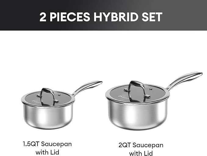 COOKER KING Sauce Pan Set, 1.5 QT & 2 QT Saucepan with Lid, Hybrid Ceramic Nonstick Saucepan, non stick Sauce pot, Stainless steel Cookware, Induction Compatible (PFAS/PFOA/PTFE Free)
