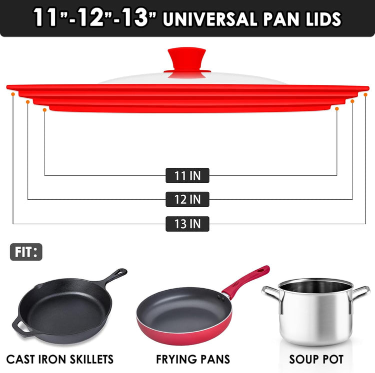 Universal Pan Lids, Silicone Pot lids for Pots, Pans & Skillets - Fits 11", 12" & 13" Diameter Cookware, Replacement Frying Pan lid, Dishwasher Safe (Red)