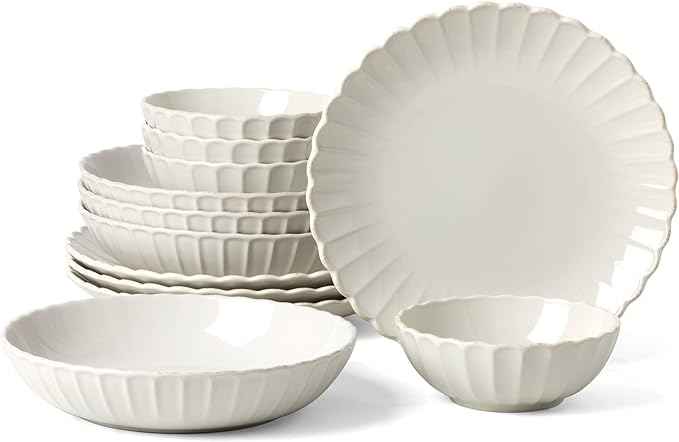 Lenox Dinnerware Set, French Perle Scallop White 12-Piece Set, Service For 4, Stoneware, Dishwasher Safe, Microwave Safe, Plates and Bowls sets, Dish Set, Plate Set, Home And Kitchen (White, 12 Piece)