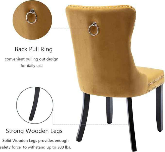 Velvet Dining Chairs Set of 2, Upholstered Dining Room Chairs with Back Ring Pull Trim and Solid Wood Legs,Tufted Wingback Kitchen Chair Perfect for Dining Room,Living Room,Kitchen(Gold)