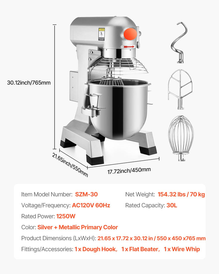 30Qt Commercial Food Mixer Timing Function 1250W Commercial Mixer