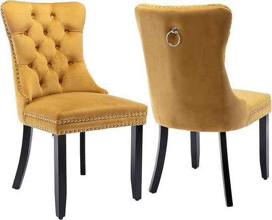 Velvet Dining Chairs Set of 2, Upholstered Dining Room Chairs with Back Ring Pull Trim and Solid Wood Legs,Tufted Wingback Kitchen Chair Perfect for Dining Room,Living Room,Kitchen(Gold)