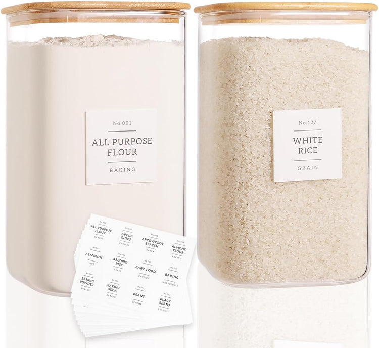 2 Pack Square Glass Flour and Sugar Containers with 132 Kitchen Pantry Labels - Thicken 149 FL OZ Large Glass Storage Jars with Airtight Bamboo Lid - Big Food Canisters for Rice, Pasta, Cookie