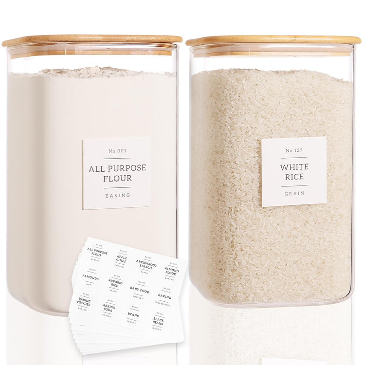 2 Pack Square Glass Flour and Sugar Containers with 132 Kitchen Pantry Labels (2 Count)
