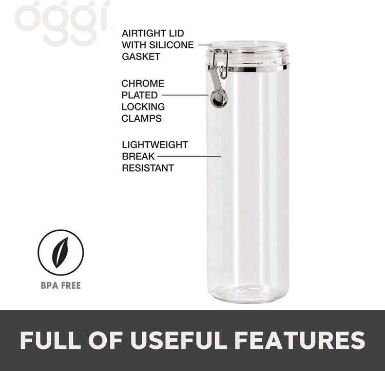 OGGI Tall Clear Canister with Clamp Lid, 58 oz - Large Airtight Food Storage Container, Ideal for Kitchen & Pantry Storage of Bulk, Dry Foods Including Pasta & Spaghetti, Plastic