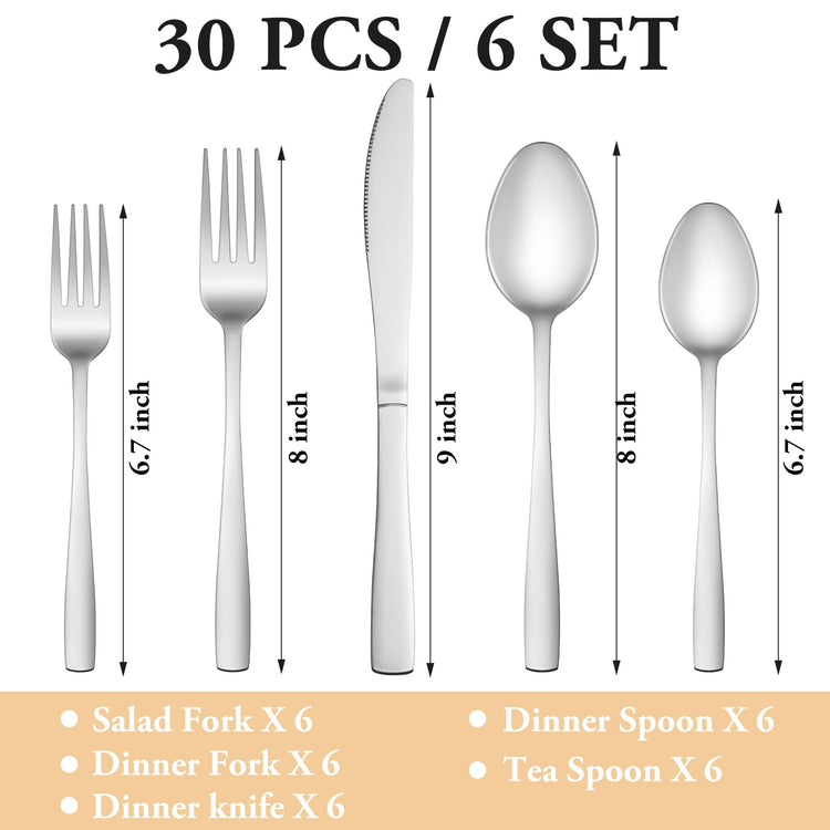 30 Piece Silverware Set Service for 6 (30 Count)