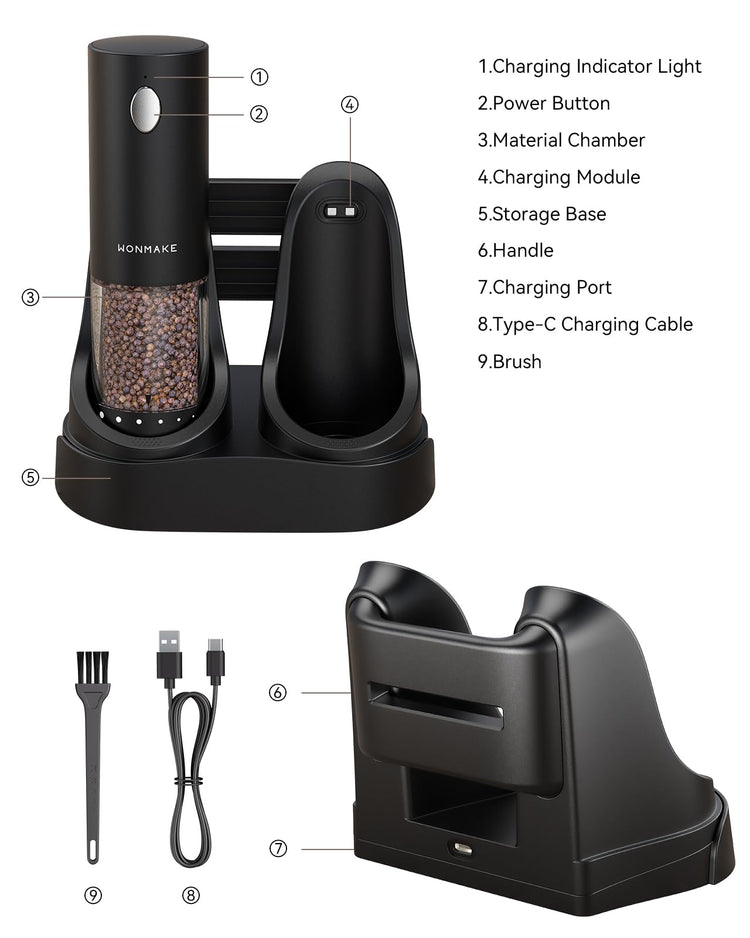 Electric Salt and Pepper Grinder Set with Charging Base & LED Light (2 Count)