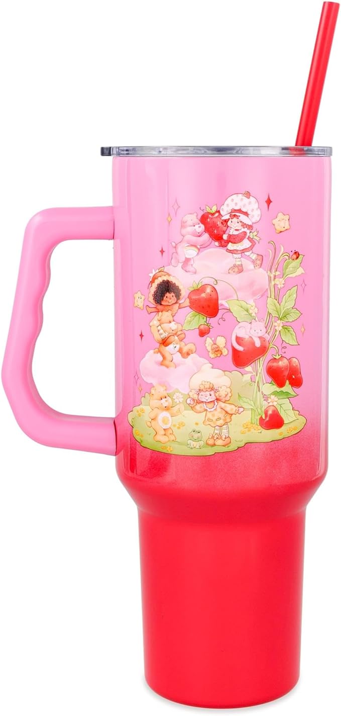 Silver Buffalo Care Bears and Strawberry Shortcake Ombre Double Walled Stainless Steel Tumbler with Handle, Fits in Standard Cup Holder, 40 Ounces
