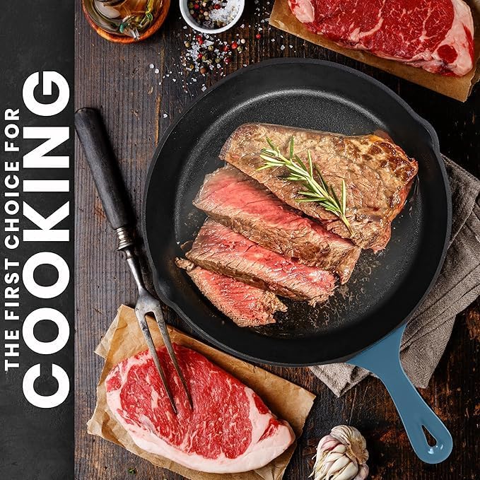 Utopia Kitchen Saute Frying Pan 3 Piece Set, Cast Iron Chefs Pan, Pre Seasoned Cast iron Skillets, 6, 8 & 10 Inches, Easy Use in the Oven, Stove, Grill, or Campfire, Teal - Nestoria