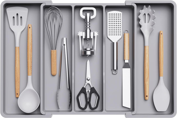 Lifewit Plastic Utensil Organizer for Kitchen Drawers, Expandable 13 to 22.4 Inches Wide, Adjustable Cutlery Silverware Flatware Holder, Kitchen Spatula Tools and Gadgets Storage Divider, Large, Gray