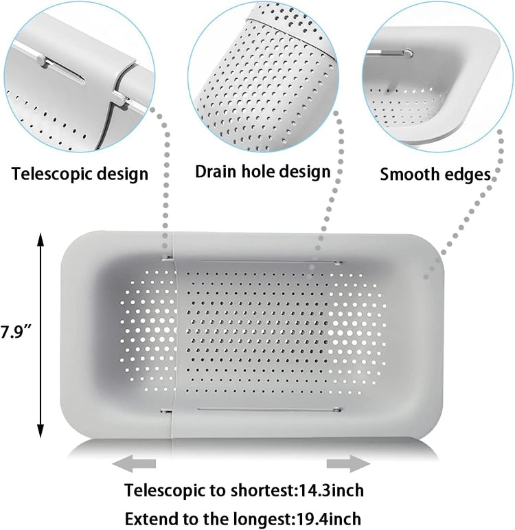Collapsible Sink Colanders and Strainers Basket Over the Sink Colander Collapsible Colander Extendable Plastic Fruit Vegetable Strainer Drainer Basket for Kitchen (Length 14.3 inch-19.4 inch) (White)