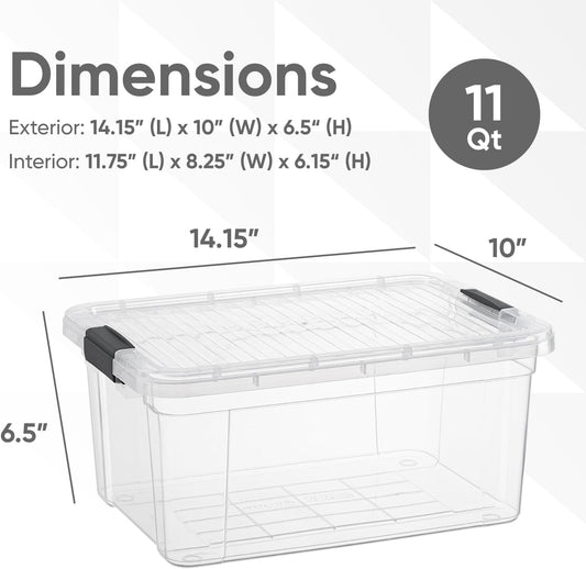 Superio Clear Storage Boxes with Lids, 11 Quart Plastic Container Bins for Organizing, Stackable Crates, BPA Free, Non Toxic, Odor Free, Organizers for Home, Office and Dorm, 4 Pack