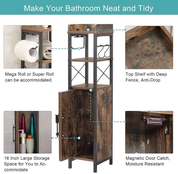 VECELO Small Bathroom Cabinet,Slim Toilet Paper Holder with Door&2 Shelves, Upgraded Narrow Storage Organizer for Restroom Bathroom Tiny Space,Metal Scroll Fenced Top Waterproof Coating,Brown