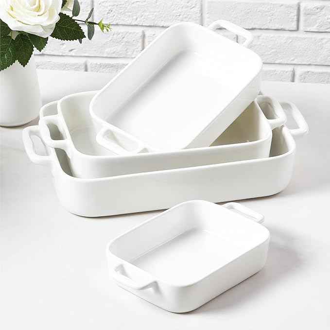 ONEMORE Casserole Dishes for Oven,9.5"x15.4" Baking Dishes Set of 4,Ceramic Bakeware Sets with Handles for Cooking, Baking,Serving, Wedding and Gifting, Baking Pan White , Microwave & Dishwasher Safe(7.5"/11.2"/13.4"/15.4")