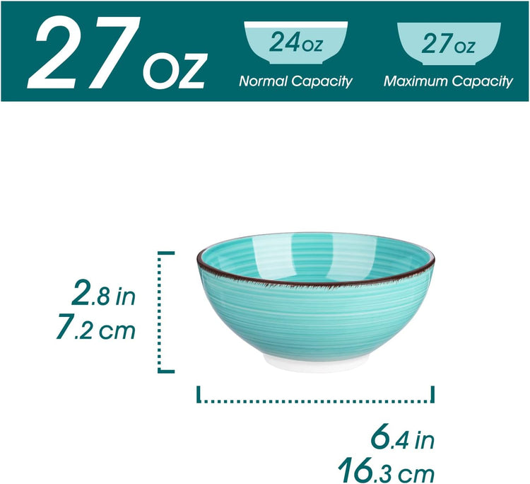 vancasso Bonita 27 Oz Cereal Bowls Set of 6, Blue Ceramic Bowls for Kitchen, 6 Inch Soup Bowls, Dishwasher & Microwave Safe