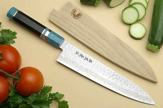 Yoshihiro VG-10 46 Layers Hammered Damascus Gyuto Japanese Chefs Knife Octagonal Turquoise Blue Handle 8.25" (210mm)