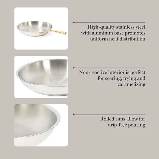 Martha Stewart Castelle 9.5-Inch Stainless Steel Frying Pan with Gold-Tone Handle – Tri-Ply Encapsulated Bottom, Oven Safe & Induction Safe Skillet for Searing and Sautéing