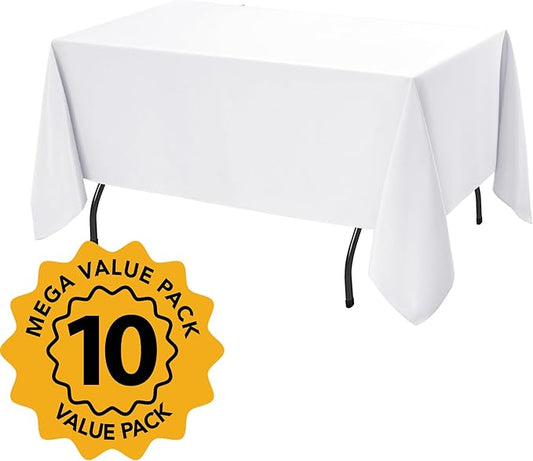 10-Pack White Tablecloths for Rectangle Tables, 60 x 120 Inches, Stain-Resistant Polyester Fabric for 6 Foot Tables - Washable Table Covers for Weddings, Banquets, Birthday, Parties, Events