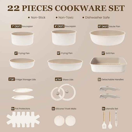 KIKCOIN Nonstick Pots and Pans Set, 22 Pack Ceramic Cookware Set with Detachable Handle, Induction RV Kitchen Cooking Set with Removable Handle, Frying Pans - Dishwasher/Oven Safe, PFOA Free