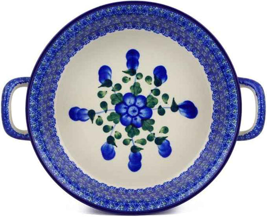 Polmedia Polish Pottery Round Baker with Handles - Blue Poppies Pattern Handmade in Boleslawiec Poland by Ceramika Artystyczna + Certificate of Authenticity