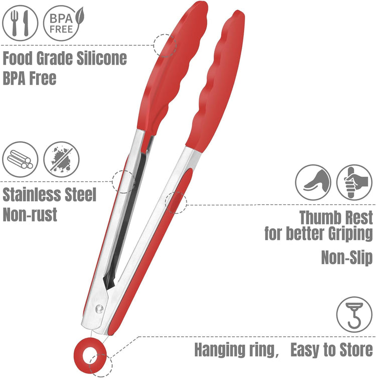 Hotec Mini Silicone Kitchen Tongs for Cooking - 7-Inch Small Serving Tongs with Silicone Tips, Set of 3 (Red)