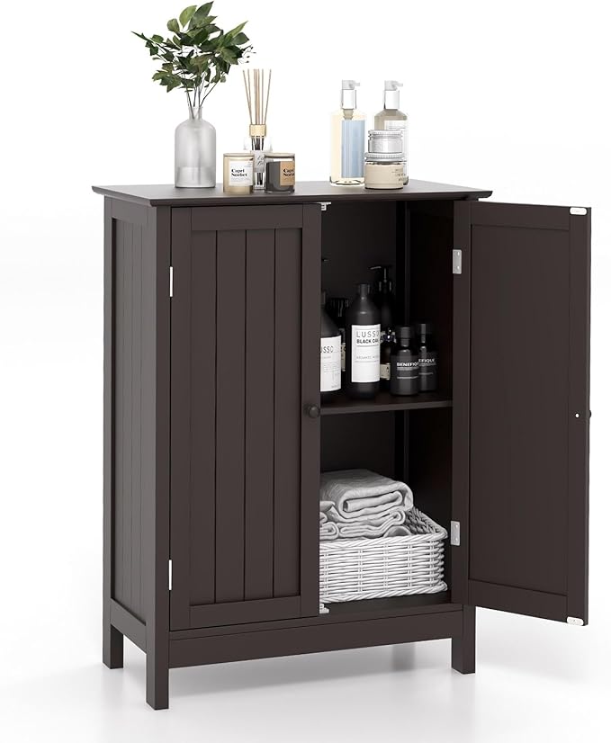 COSTWAY Bathroom Storage Cabinet, Freestanding Bathroom Organizers and Storage with Doors & Adjustable Shelf, Wooden Floor Cabinet for Home, Living Room, Entryway, Kitchen (Brown)