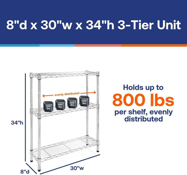 Shelving Inc. 8" d x 30" w Chrome Wire Shelving with 3 Tier Shelves, Weight Capacity 800lbs Per Shelf