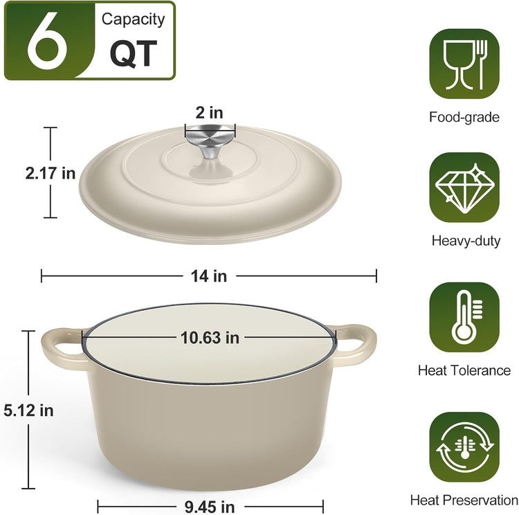 P&P CHEF 6QT Enameled Dutch Oven, Cast Iron Dutch Oven Pot with Lid for Bread Baking, Enameled Casserole Pot for Roasting Braising Stewing Frying Simmering, Various Stoves & Easy Clean, Khaki - Nestoria