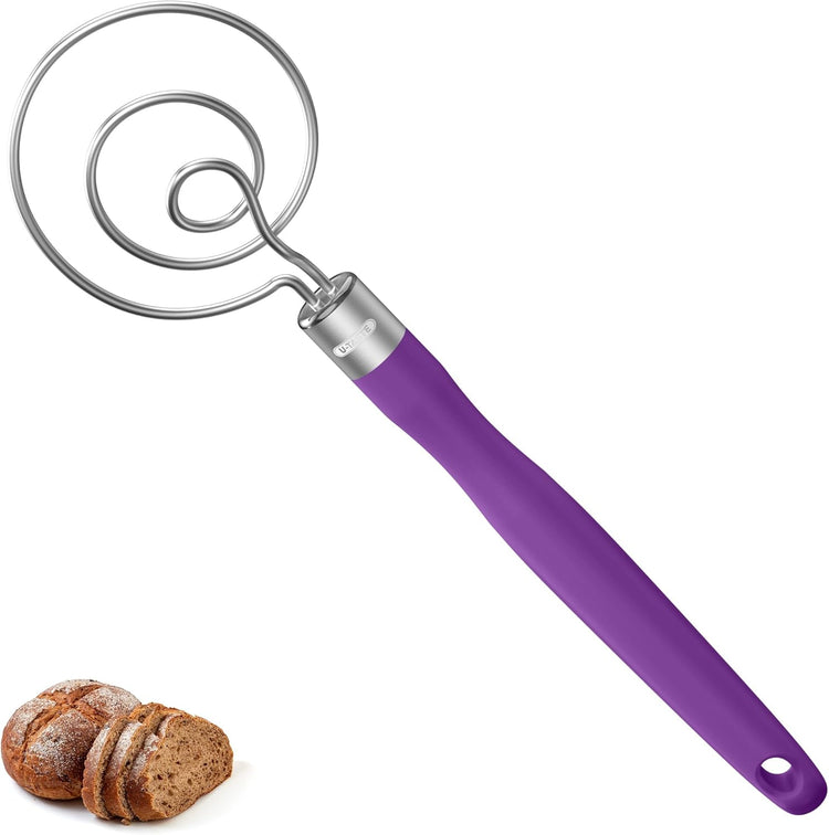 U-Taste 12.6in Danish Dough Whisk: 18/8 Stainless Steel Heavy-Duty Sourdough Mixer Tool, Food Grade Dutch Style Seamless Bread Wisk, Sturdy for Mixing, Stirring, Kneading Thick Batter (Purple)