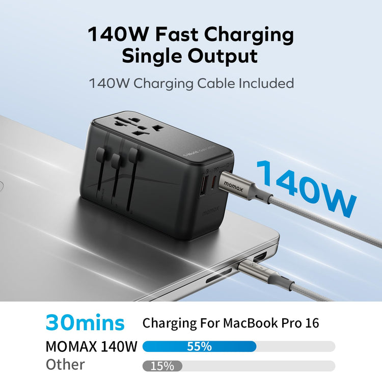 5-in-1 Universal Travel Adapter, GaN 140W International Power Adapter, 3 USB-C PD Fast Charging & 1 USB-A QC, 1 AC, All-in-one International Plug Adapter for Travel European UK AUS JP