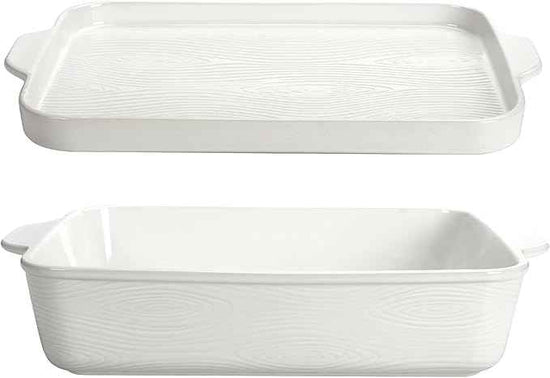 Temp-tations by Tara Baking Pans Set - 9x13" Set of 2 Woodland White Bakeware Sets with Casserole Dish for Oven and Serving Dish for Lasagna, Pies, Meatloaf, Hand-Painted Ceramic Casserole Oven Pan