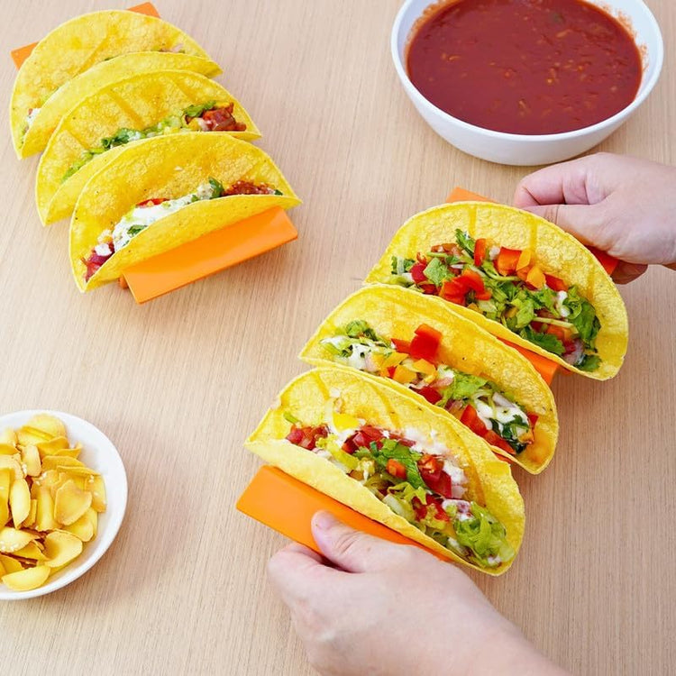 TP Taco Holder Stands, Set of 2 Melamine Large Taco Serving Rack Tray with Handle, Holds 3 Tacos, Dishwasher Safe, Ideal for Taco Night, Party, Home, Fiesta, Orange