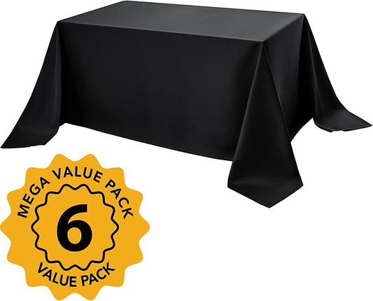 6-Pack Black Tablecloths for Rectangle Tables, 90 x 132 Inches, Stain-Resistant Polyester Fabric for 8 Foot Tables - Washable Table Covers for Weddings, Banquets, Birthday Parties, Events